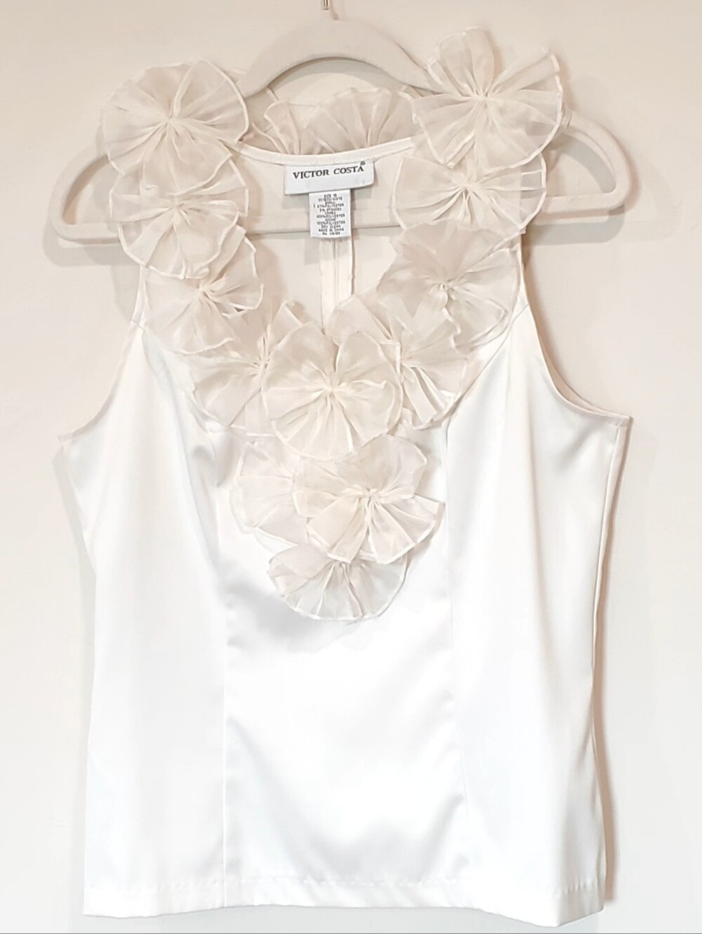 Victor Costa Vtg. Romantic Cream Satin Floret Embellished VNeck Blouse Wm's 8/10